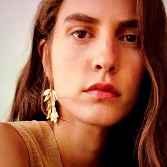 Golden Metal Leaves Statement Earrings - Picture 2 of 7